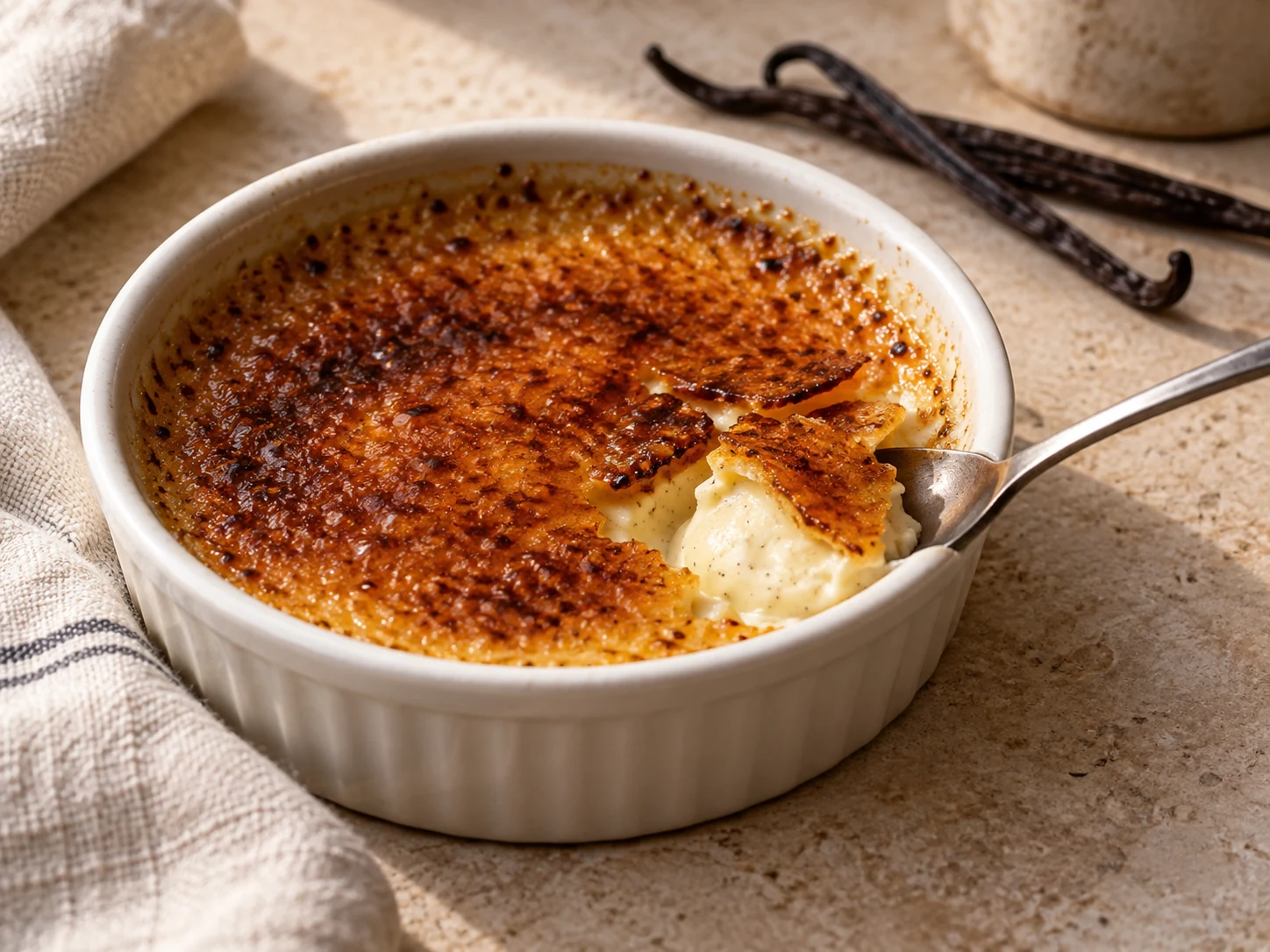 Crème brûlée se zkaramelizovanou krustou a lžičkou