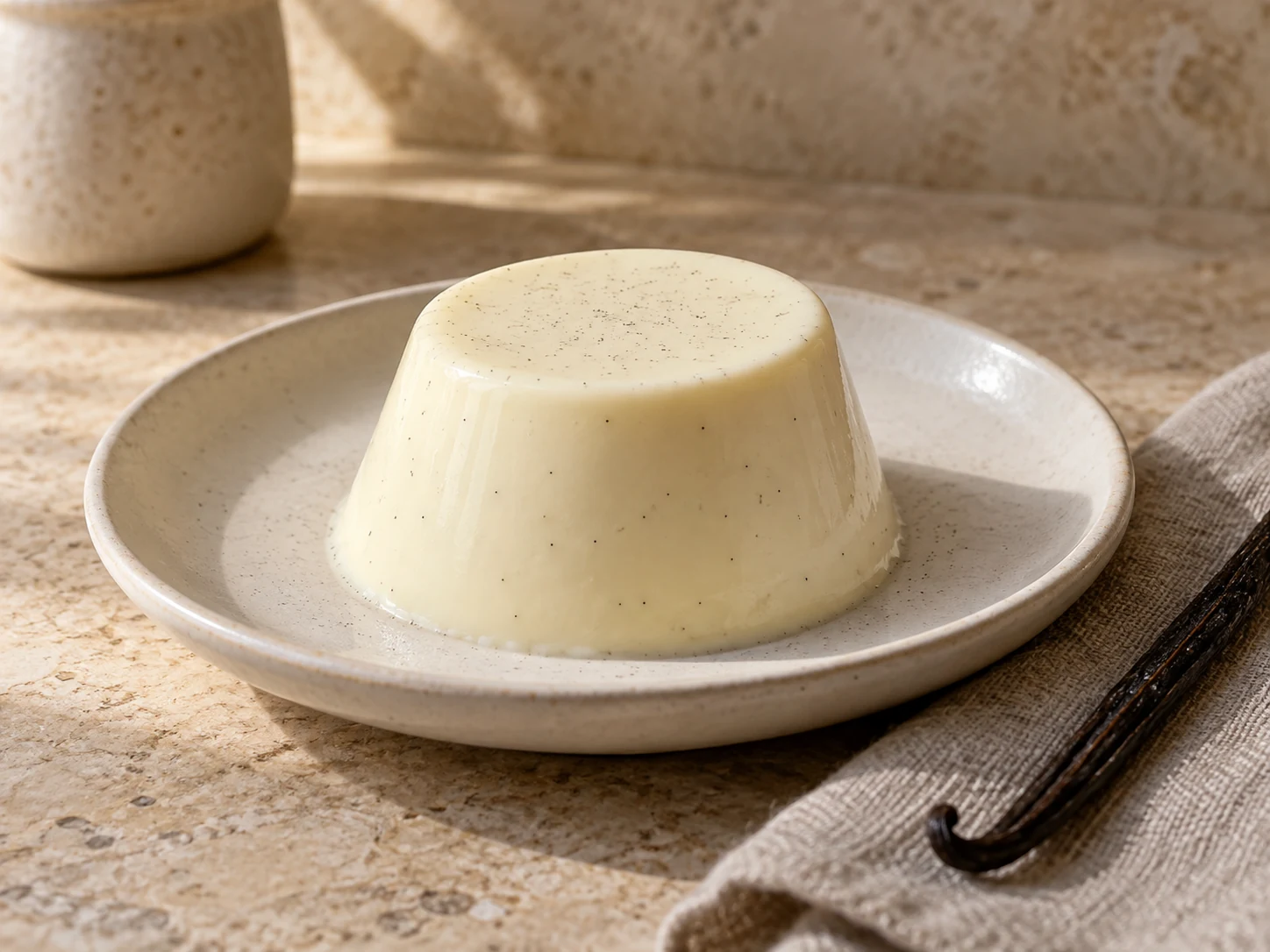 Panna cotta s vanilkovými semínky na světlém talíři