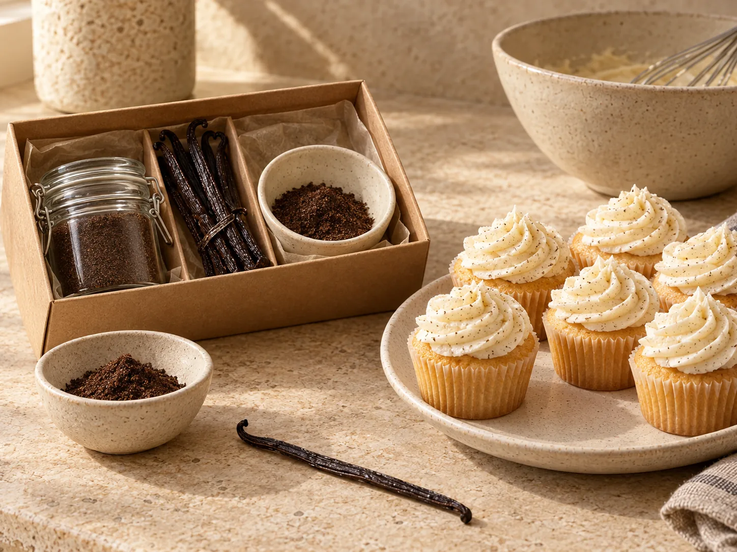 Vanilkový balíček s luskem, mletou vanilkou a čerstvě upečenými cupcakes