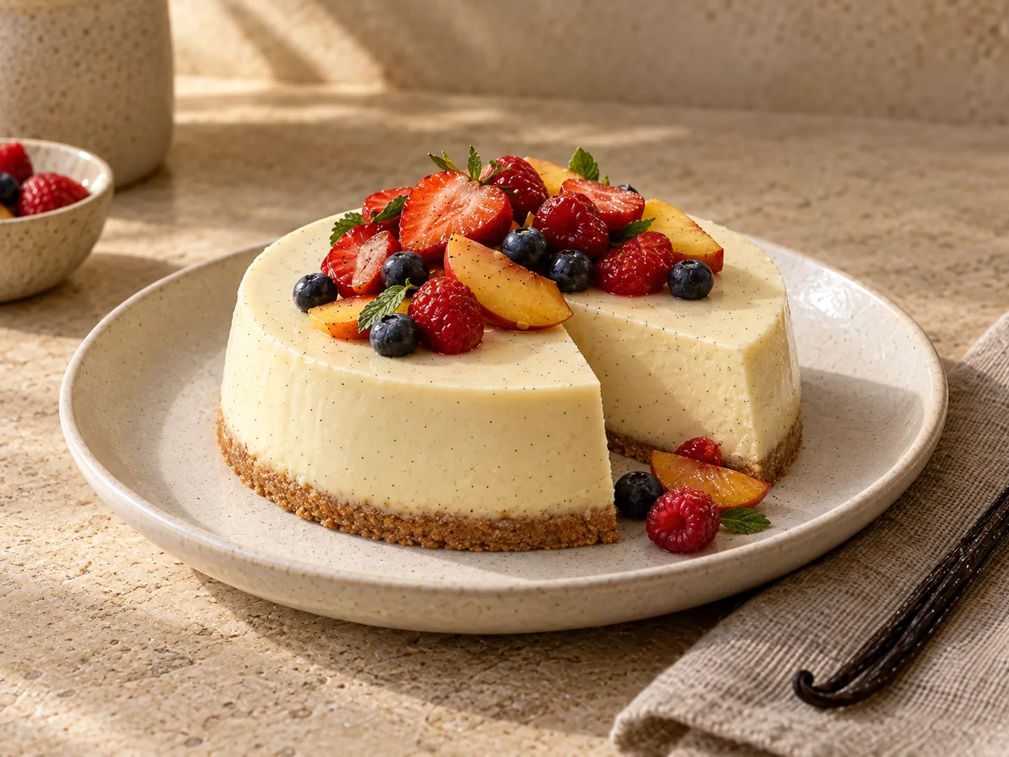 Vanilkový cheesecake s vanilkovými semínky a ovocem podle chuti